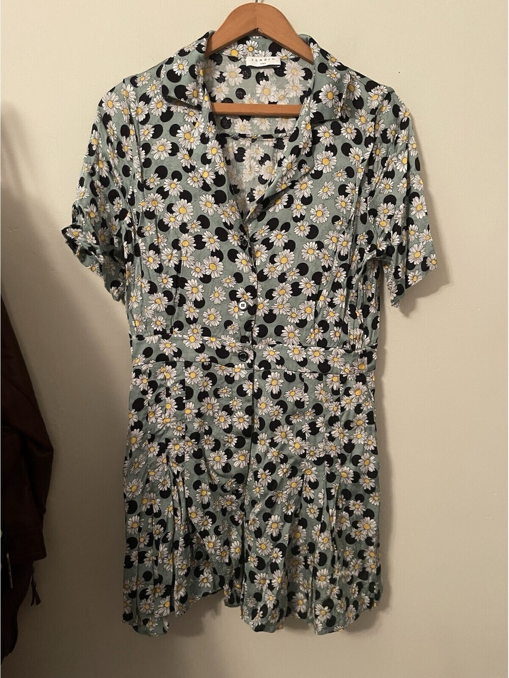 Sandro Paris  Playsuit Romper Sage Green Daisy Polka Dot Small S Button Floral